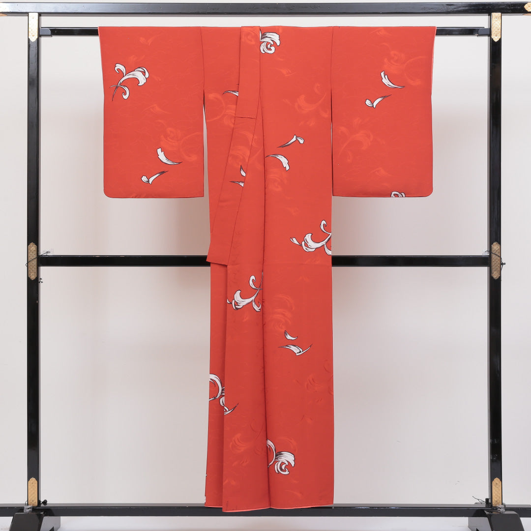 小紋 袷 身丈151cm 裄丈64cm 正絹 Bランク インフォーマル バチ衿 Sサイズ 羽 朱系 RP 1221-00332