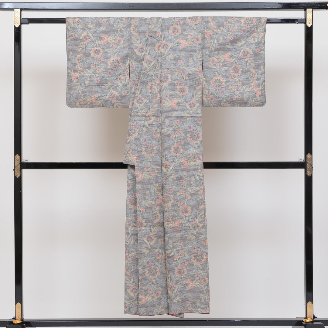 大島紬 袷 身丈146cm 裄丈62cm 正絹 Cランク インフォーマル バチ衿 XSサイズ 植物柄 グレー系 LP 1223-02539