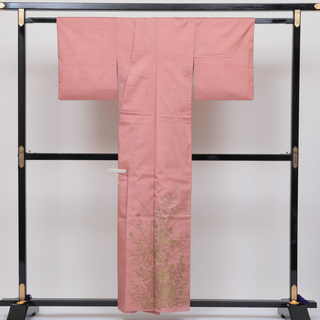 色留袖 (飯田紬) 身丈155cm 裄丈62cm Aランク 正絹 袷 広衿 M 創作 付下げ セミフォーマル ピンク系 1211-F0110