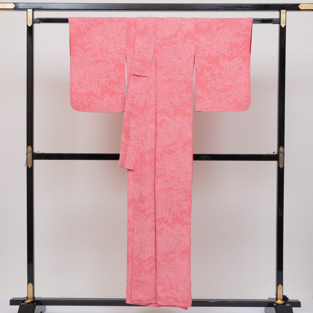 小紋 袷 身丈152cm 裄丈64cm 正絹 Sランク Sサイズ 広衿 インフォーマル 几帳 花柄 ピンク系 赤系 1221-00174