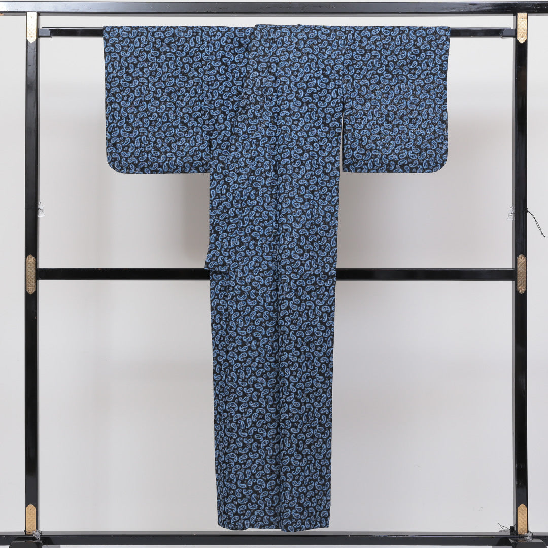 小紋 アンサンブル 洗える着物 単衣 身丈151cm 裄丈61cm ポリエステル Sランク Sサイズ バチ衿 インフォーマル 紐あり ペイズリー柄 青系 1215-00365