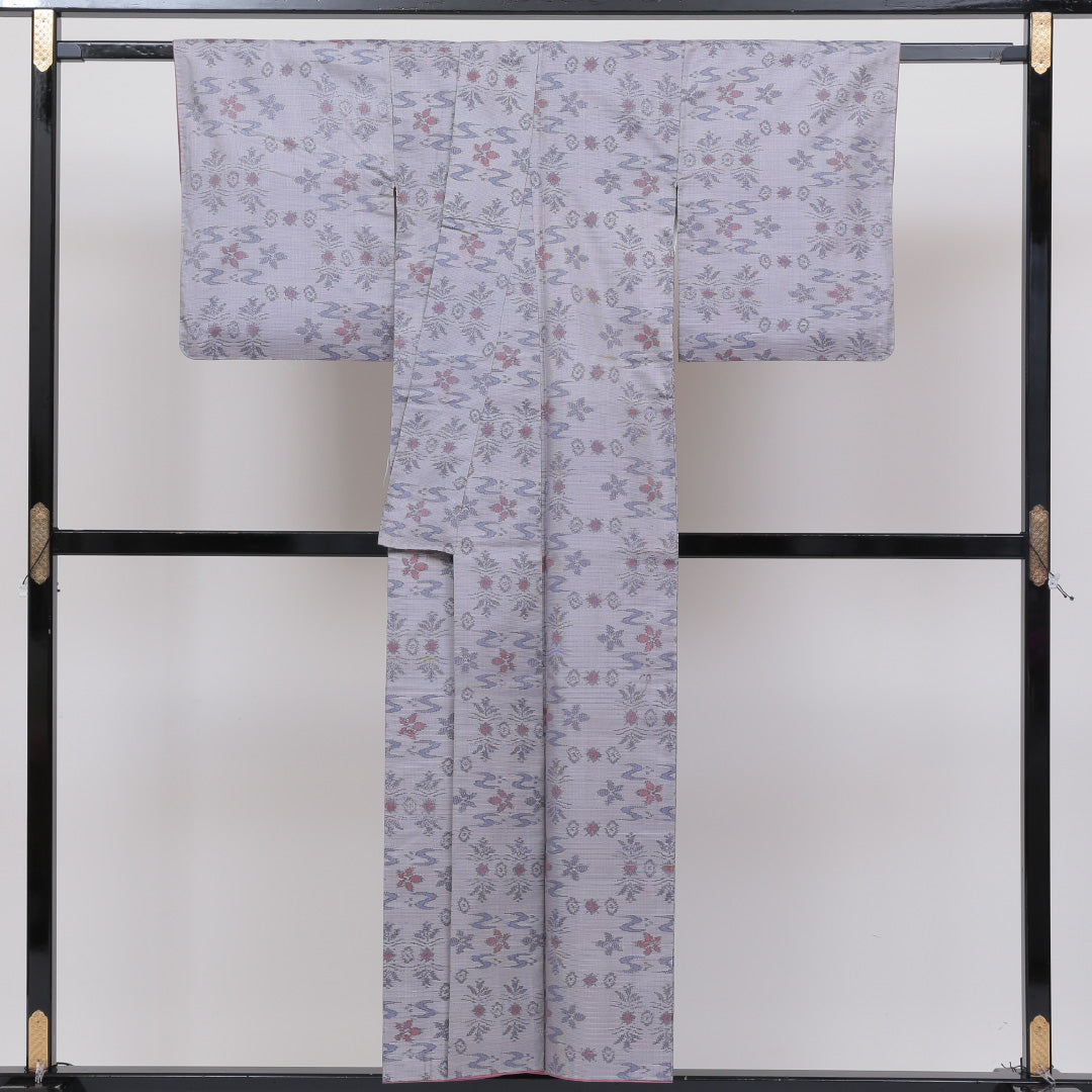 大島紬 袷 身丈150cm 裄丈62cm 正絹 Bランク インフォーマル 広衿 Sサイズ 花柄 グレー系 RP 1223-02579