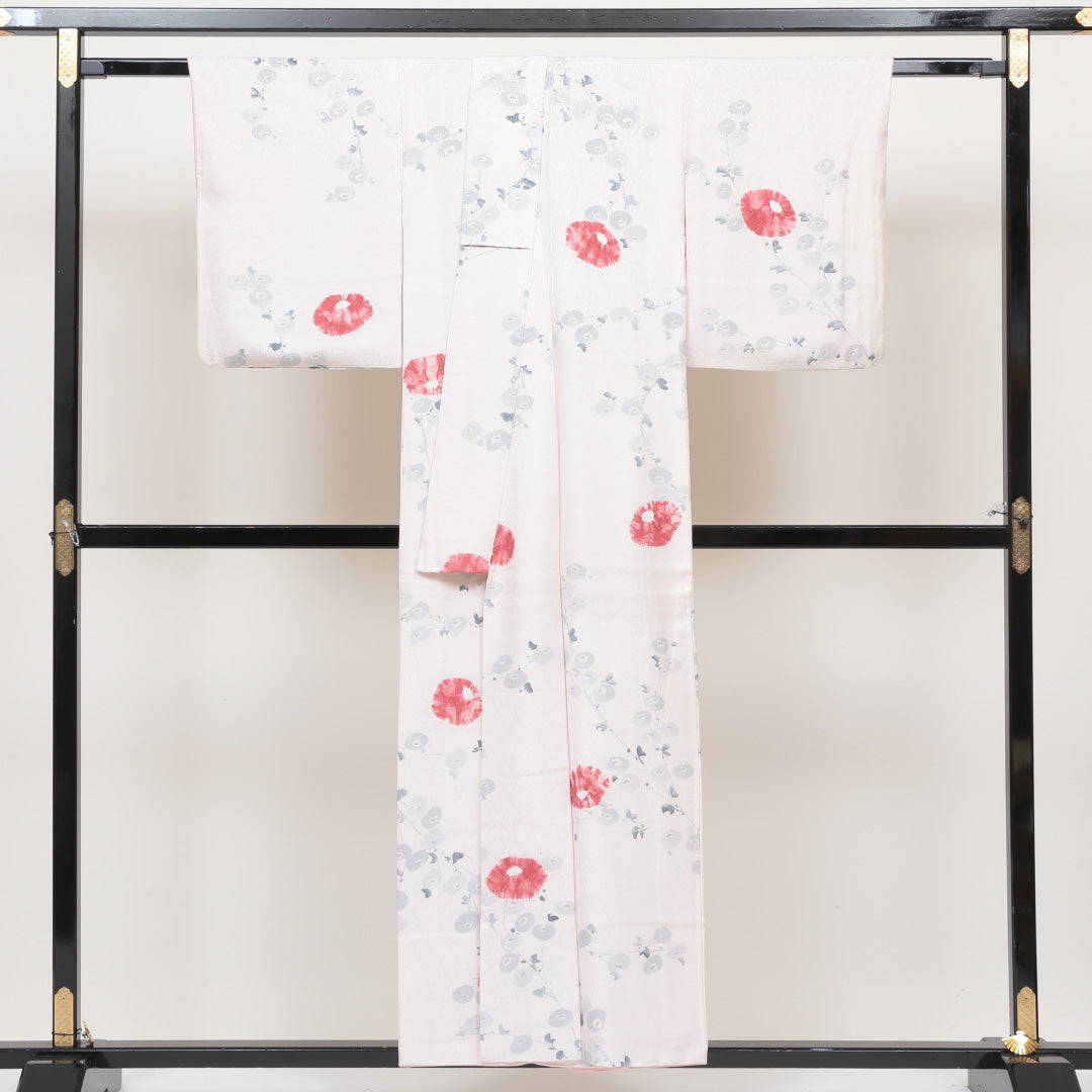 小紋 袷 身丈152cm 裄丈62cm 正絹 Aランク インフォーマル 広衿 Sサイズ 朝顔 白系 RP 1221-00444