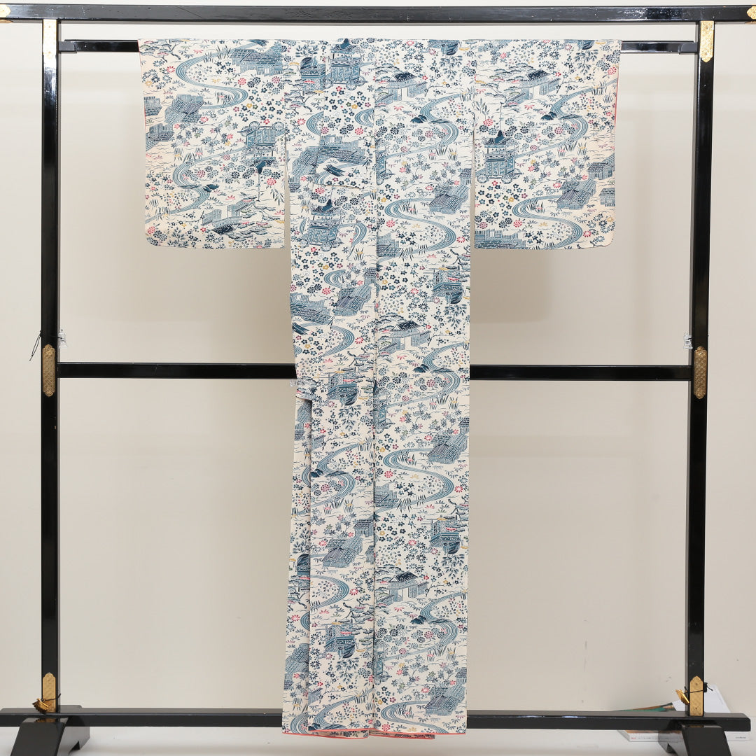 小紋 袷 身丈155cm 裄丈64cm 正絹 Sランク Mサイズ 広衿 インフォーマル 京洛百景 茶屋辻 白系 1215-00614