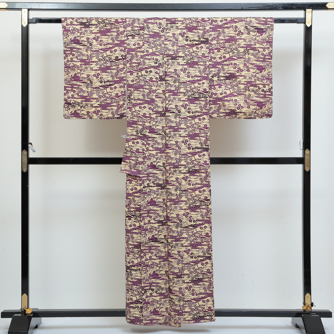 小紋 袷 身丈154cm 裄丈66cm 正絹 Sランク インフォーマル 広衿 Sサイズ 楼閣 紫系 RP 1221-00835