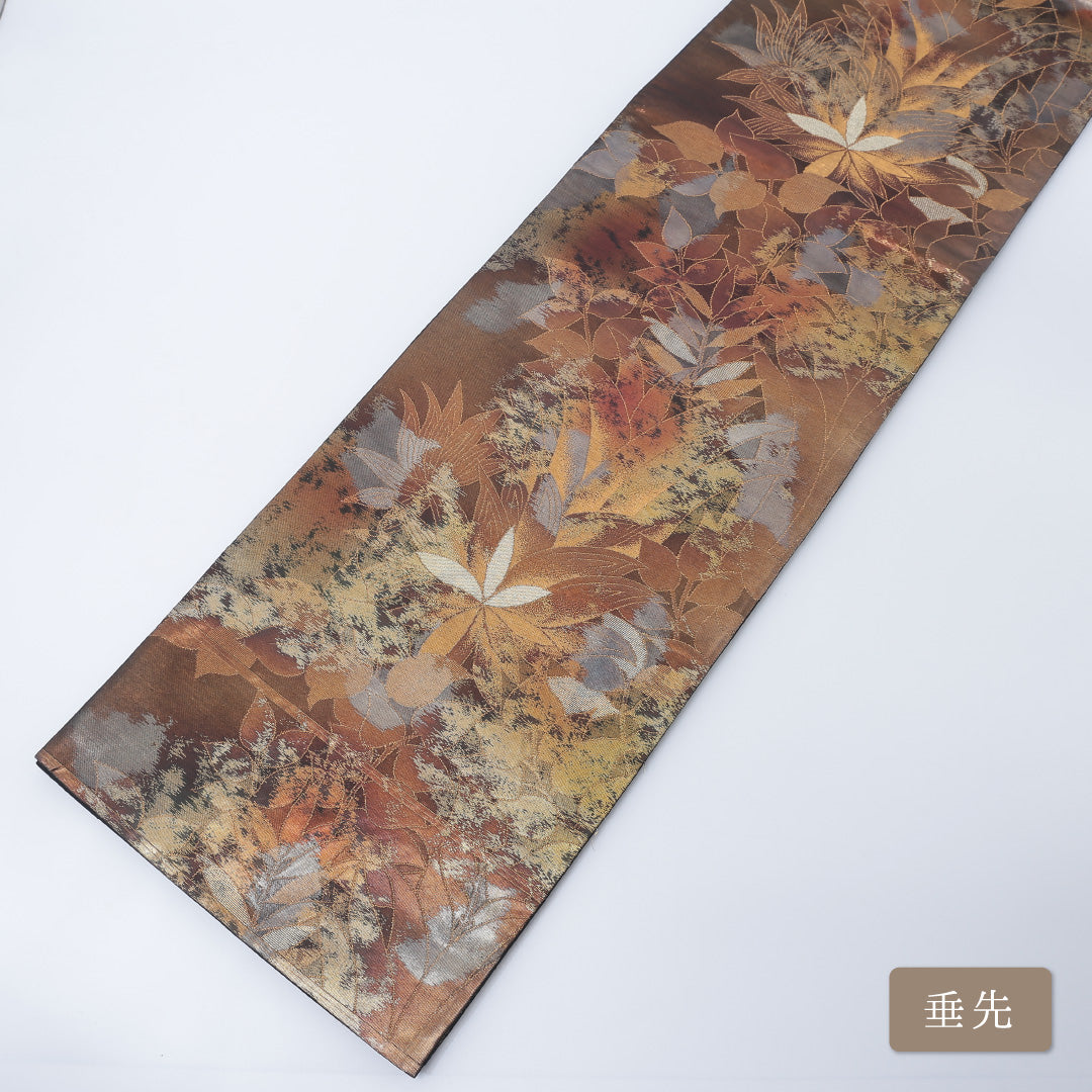 袋帯 帯丈416cm 六通 引箔 唐草華紋 セミフォーマル 茶系 正絹 Aランク 1223-00194