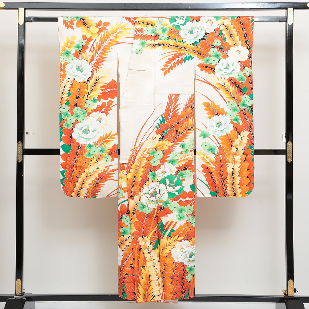 振袖 身丈151cm 裄丈63.5cm Bランク 袷 正絹 広衿 ボタニカル モダン 1313-F0022