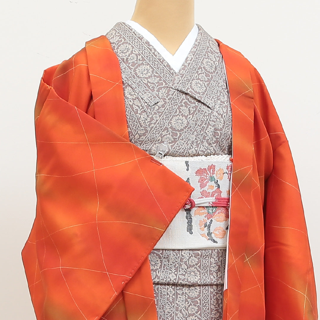 洗える着物 羽織 袷 身丈81cm 裄丈64cm ポリエステル Sランク カジュアル Mサイズ 創作柄 朱系 RP 1232-05537