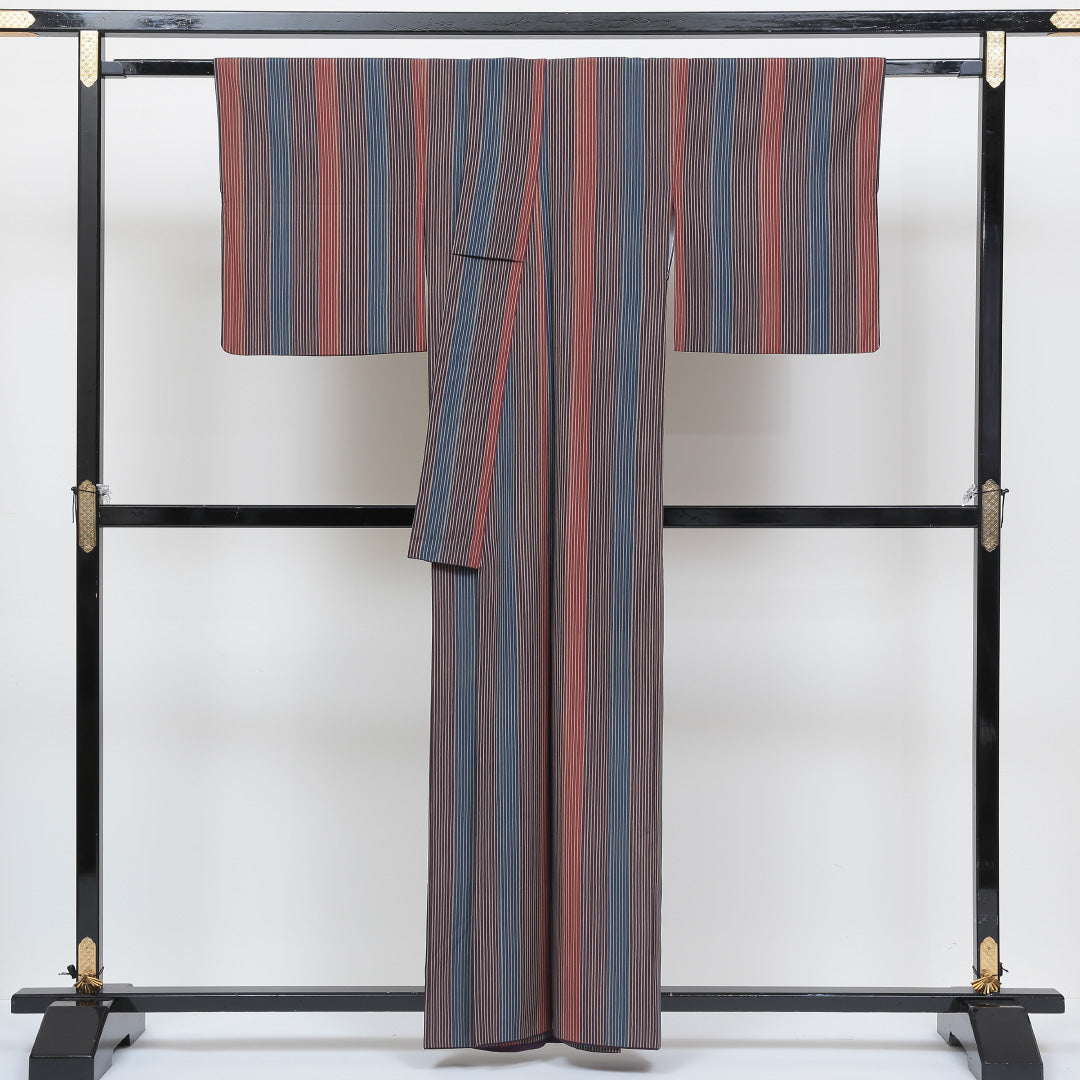 小紋 袷 身丈156cm 裄丈64cm Sランク インフォーマル 広衿 Mサイズ 縞 茶系 RP 1221-00522