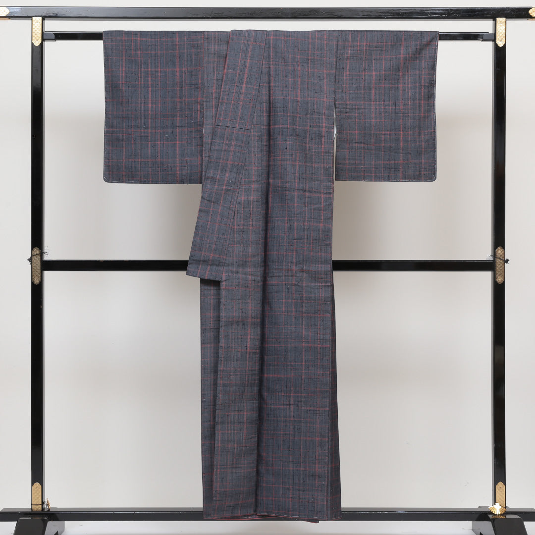 紬 袷 身丈153cm 裄丈63cm 正絹 Sランク カジュアル 広衿 Sサイズ 格子 グレー系 RP 1223-02597