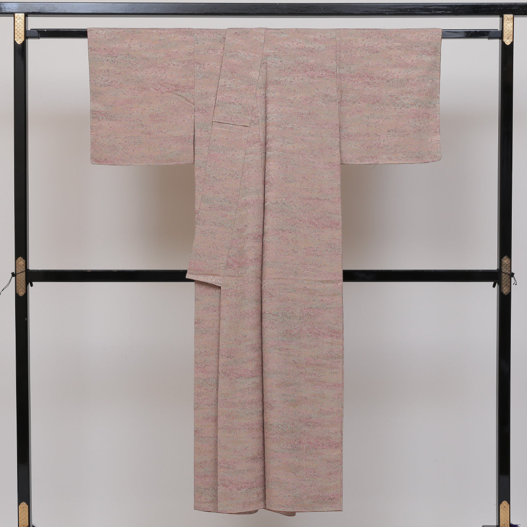 小紋 袷 身丈142cm 裄63cm 加藤唐九朗 正絹 茶系 ちりめん 落款 証紙 Sランク 1215-00182