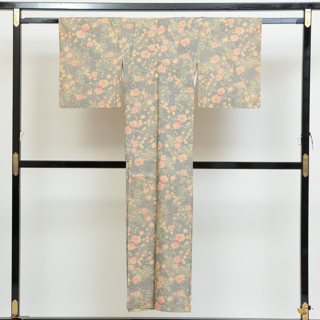 紬 袷 身丈146cm 裄丈62cm 正絹 Aランク カジュアル 広衿 XSサイズ 花柄 黄系 RP 1223-02712