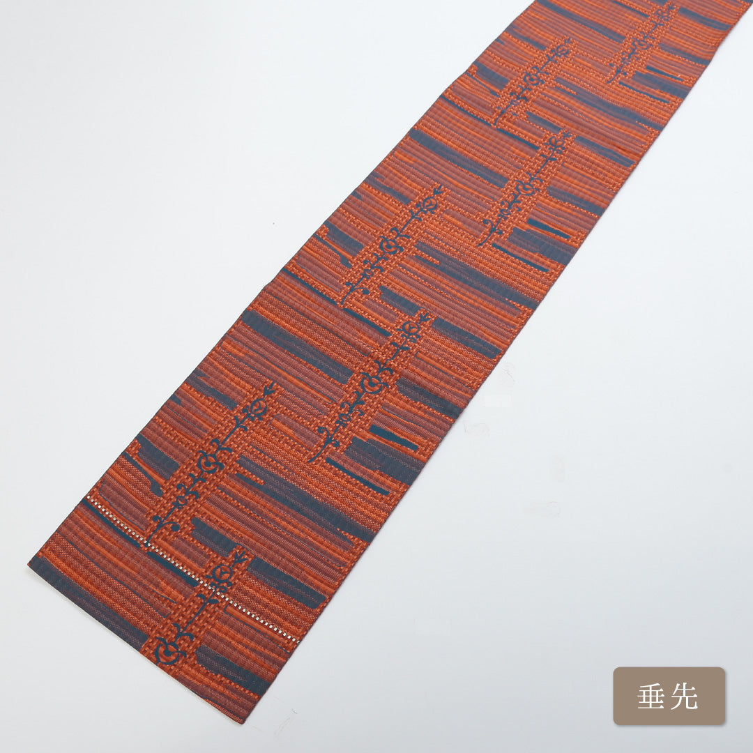 九寸名古屋帯 Sランク 帯丈344cm 正絹 六通 名古屋仕立て 織り カジュアル 創作柄 朱系 LP 1245-00423