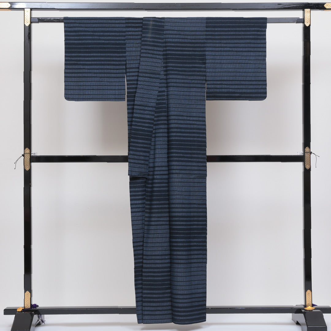 紬 単衣 身丈156cm 裄63cm 正絹 青系 Bランク 1216-00078