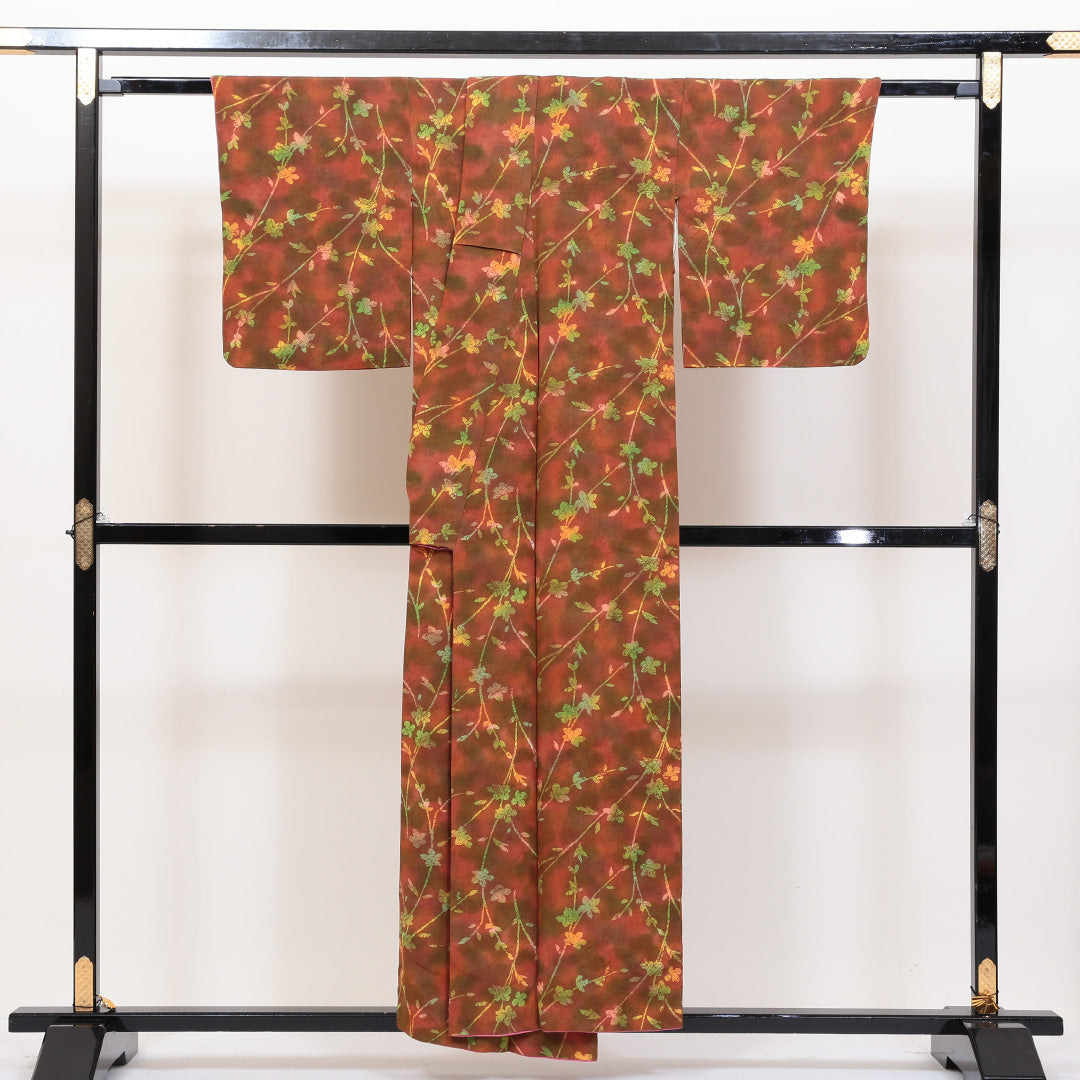 小紋 袷 身丈152cm 裄丈64cm 正絹 Bランク インフォーマル 広衿 Sサイズ 花柄 茶系 HP 1221-00430