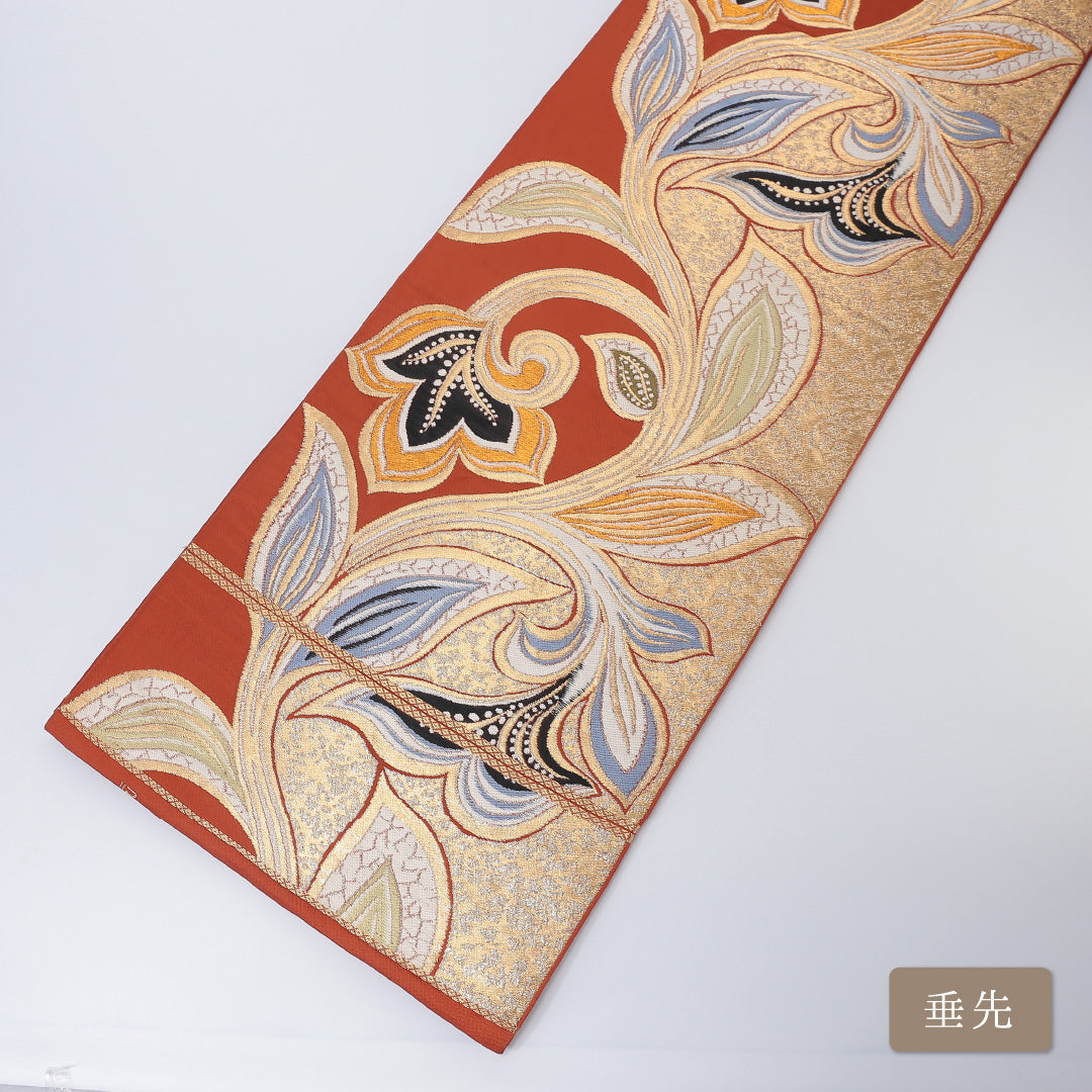 アンティーク 袋帯 帯丈416cm 六通 唐草華紋 セミフォーマル 落款 赤系 正絹 Aランク 1223-00189