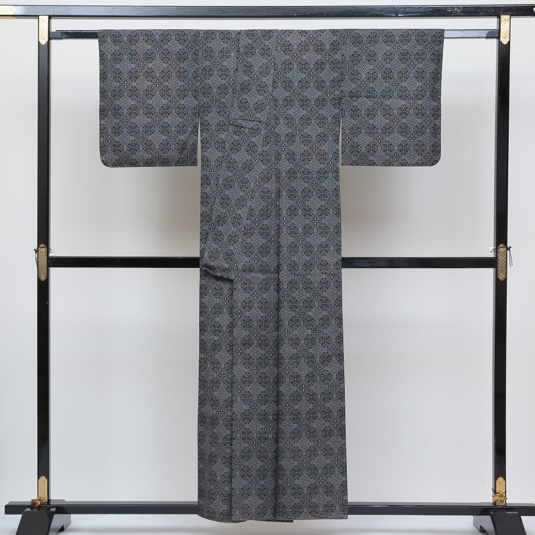 アンサンブル 大島紬 袷 身丈154cm 裄丈63cm 正絹 Aランク インフォーマル 広衿 Sサイズ 蜀江 グレー系 RP 1223-02625