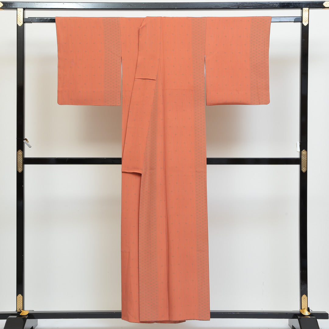 小紋 袷 身丈155cm 裄丈66cm 正絹 Aランク インフォーマル 広衿 Mサイズ 麻の葉 朱系 HP 1221-00748