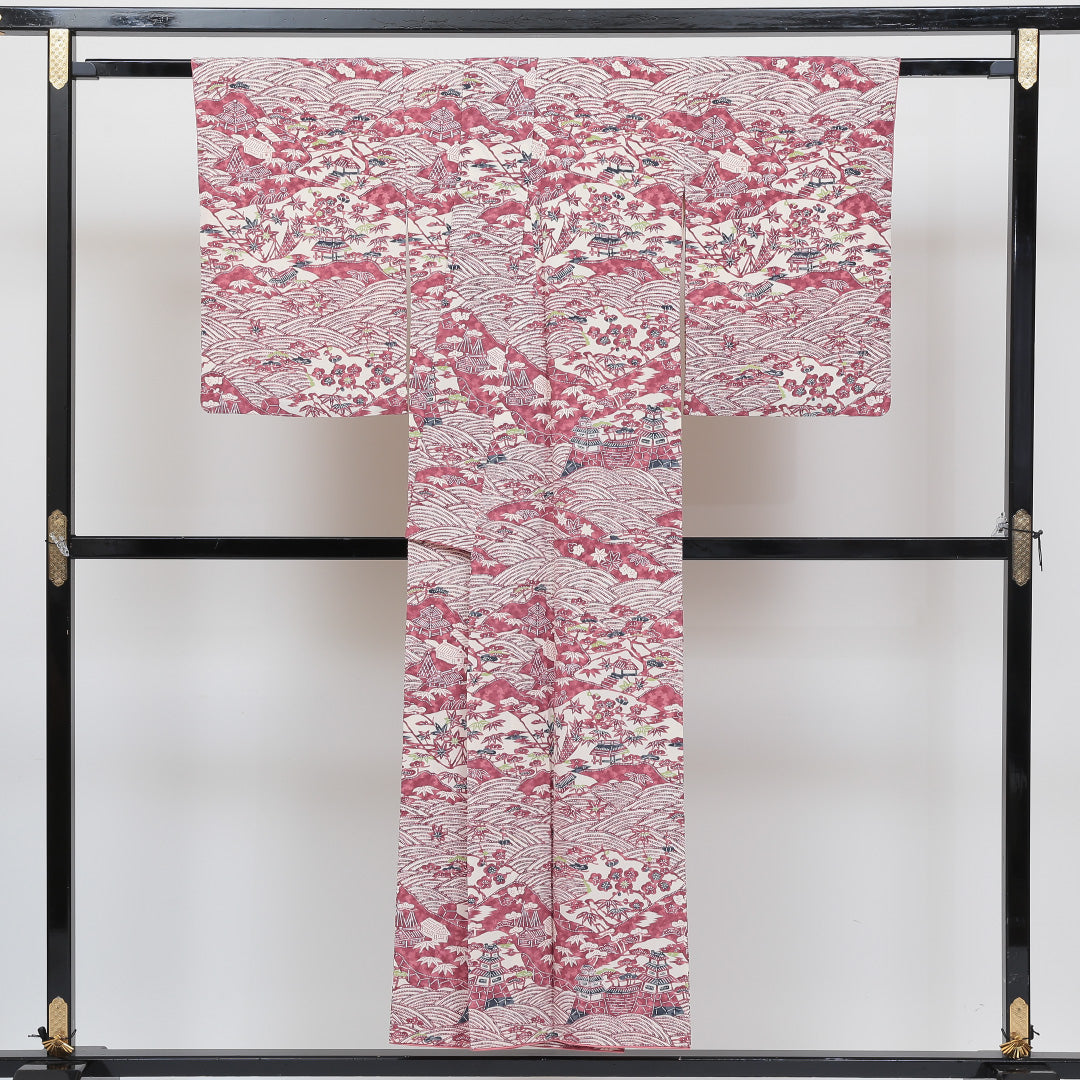 小紋 袷 身丈150cm 裄丈64cm 正絹 Sランク インフォーマル 広衿 Sサイズ 茶屋辻 ピンク系 RP 1221-00534