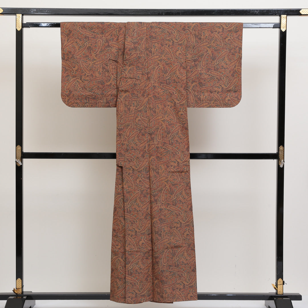 紬 単衣 身丈153cm 裄64.5cm 正絹 茶系 Sランク 小紋 ペイズリー 1216001512214