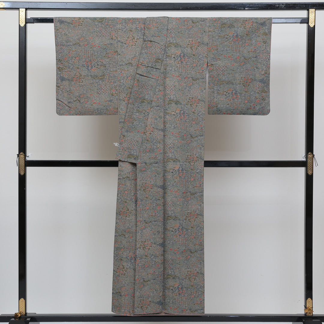 小紋 袷 身丈148cm 裄丈62cm 正絹 Sランク インフォーマル 広衿 XSサイズ 茶屋辻 花柄 緑系 RP 1221-00549