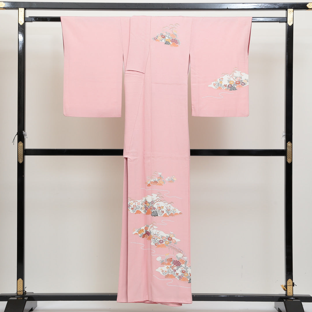 訪問着 袷 身丈156cm 裄丈64cm 正絹 Sランク セミフォーマル 広衿 Mサイズ 橋 吉祥文様 ピンク系 RP 1217-04156