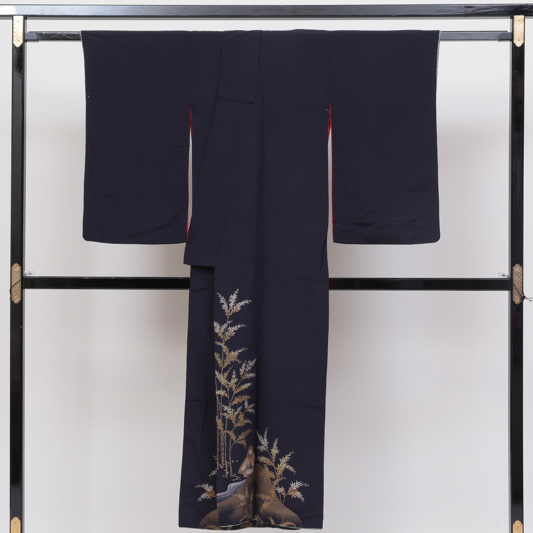 アンティーク 黒留袖 身丈145cm 裄丈62cm 袷 三つ紋 青山菊 正絹 Bランク 広衿 ちりめん 風景柄 茶屋辻 1211-F0126