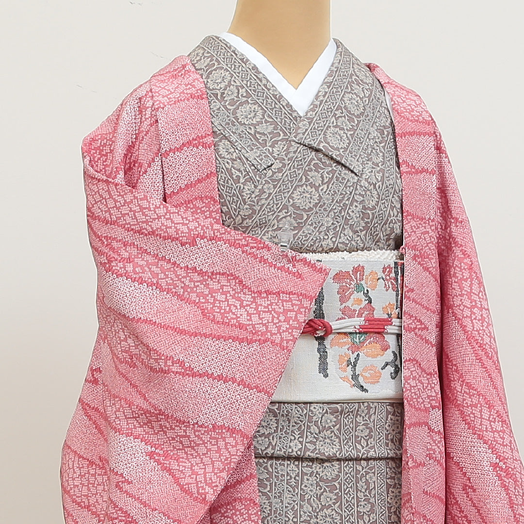 洗える着物 羽織 袷 身丈71cm 裄丈62cm ポリエステル Sランク カジュアル Sサイズ 鹿の子柄 ピンク系 RP 1232-05496