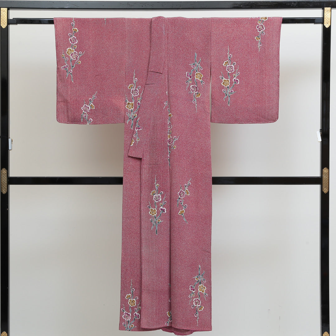 アンティーク 小紋 袷 身丈143cm 裄丈64cm 正絹 Aランク バチ衿 XSサイズ 梅 ピンク系 RP 1221-00894