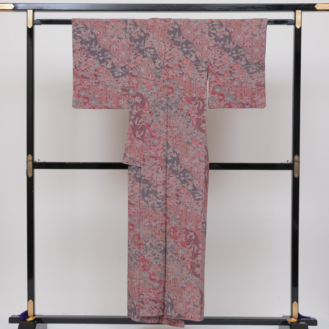 小紋 袷 身丈150cm 裄丈61cm 正絹 Sランク インフォーマル 広衿 Sサイズ 吉祥文様 ピンク系 RP 1221-00167