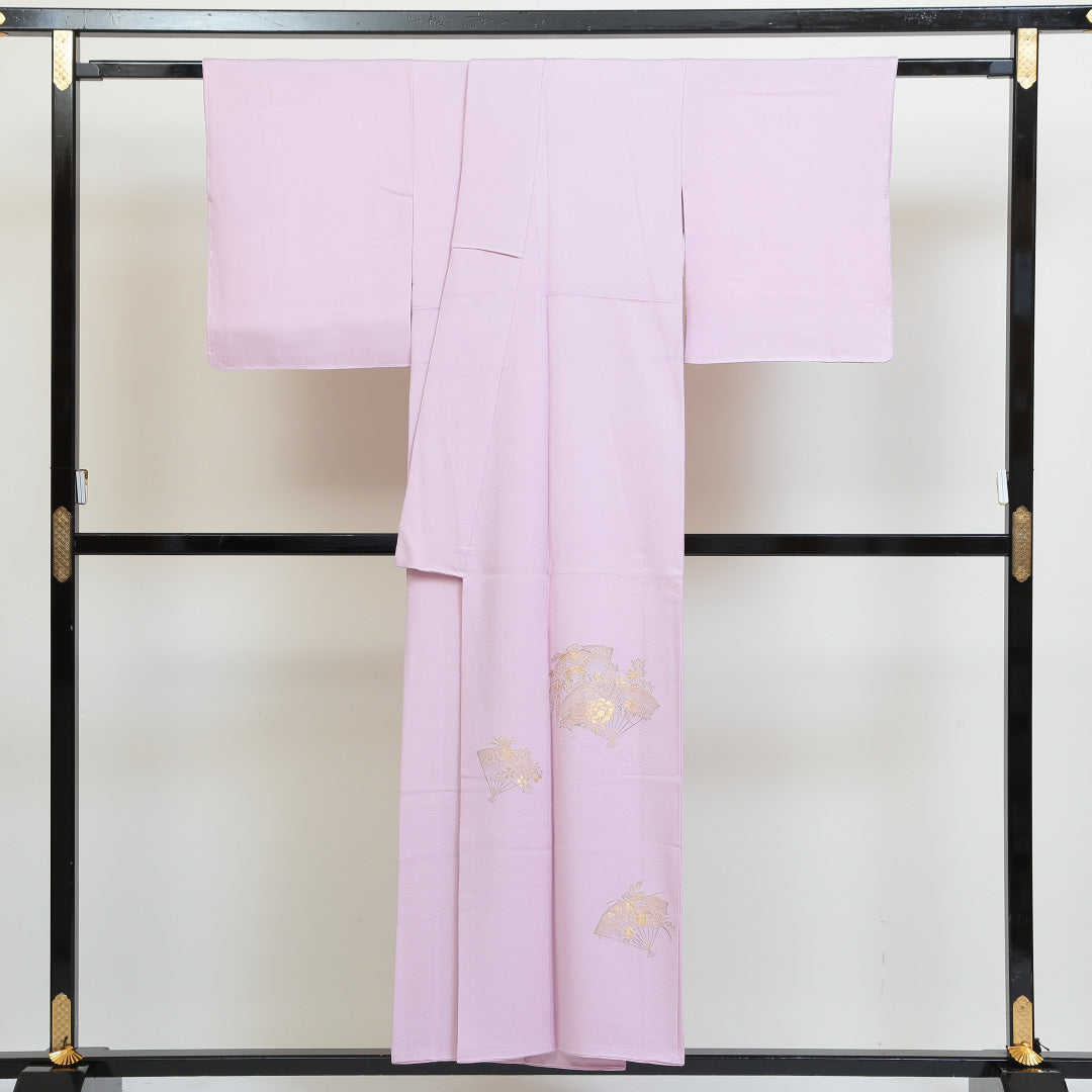 付下げ 袷 身丈151cm 裄丈63cm 正絹 Sランク インフォーマル 広衿 Sサイズ 刺繍 扇 花柄 ピンク系 RP 1218-04161