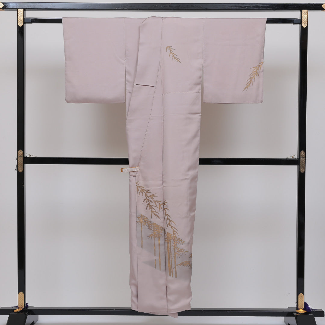 訪問着 袷 身丈150cm 裄丈62cm 正絹 Sランク セミフォーマル 広衿 Sサイズ 金箔 刺繍 笹 竹 ピンク系 RP 1217-04055
