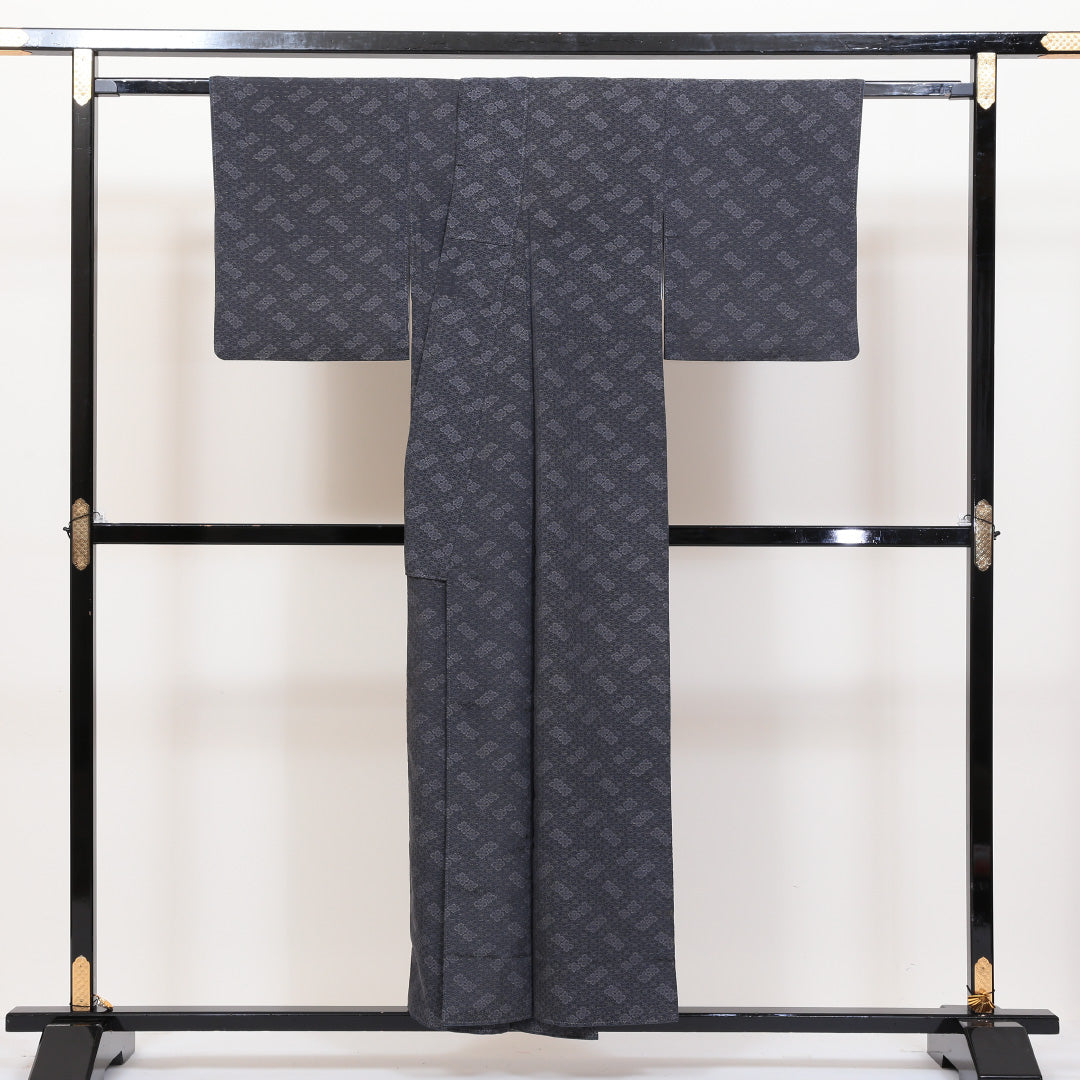 小紋 袷 身丈149cm 裄丈65cm 正絹 Bランク インフォーマル 広衿 XSサイズ 花菱 グレー系 RP 1221-00428