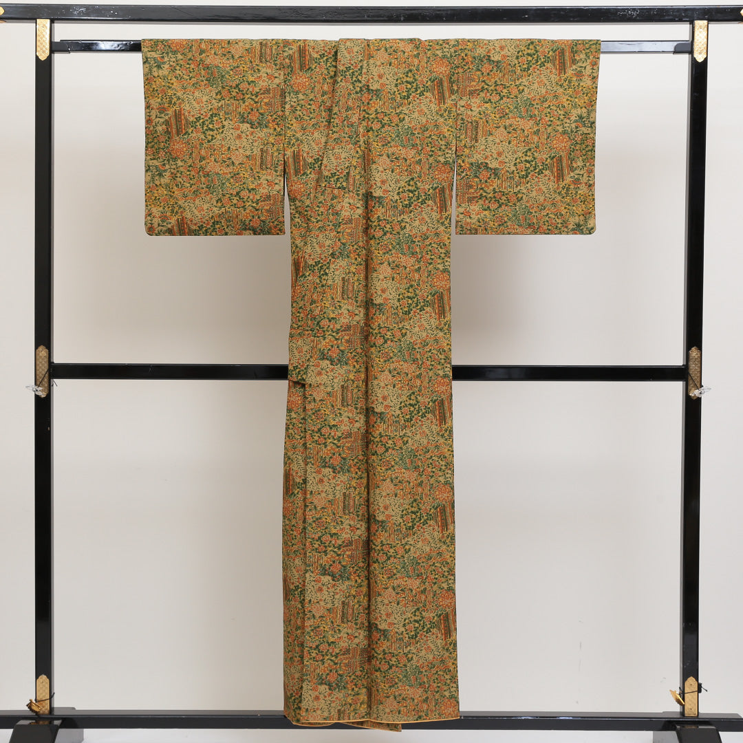 洗える着物 小紋 袷 身丈151cm 裄丈62cm ポリエステル Sランク インフォーマル バチ衿 Sサイズ 花柄 茶系 RP 1221-00596