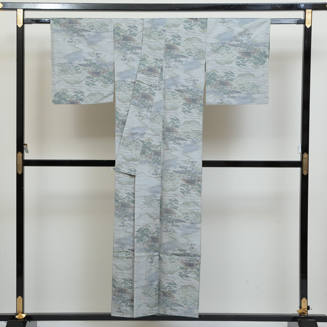 大島紬 袷 身丈151cm 裄丈62cm 正絹 Sランク インフォーマル 広衿 Sサイズ 9マルキ 茶屋辻 緑系 SR 1223-02726