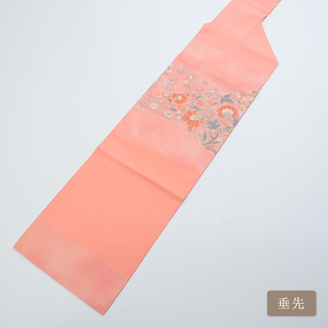 九寸名古屋帯 Aランク 帯丈360cm 正絹 ポイント柄 名古屋仕立て 染め セミフォーマル 唐草華文 ピンク系 RP 1245-00359