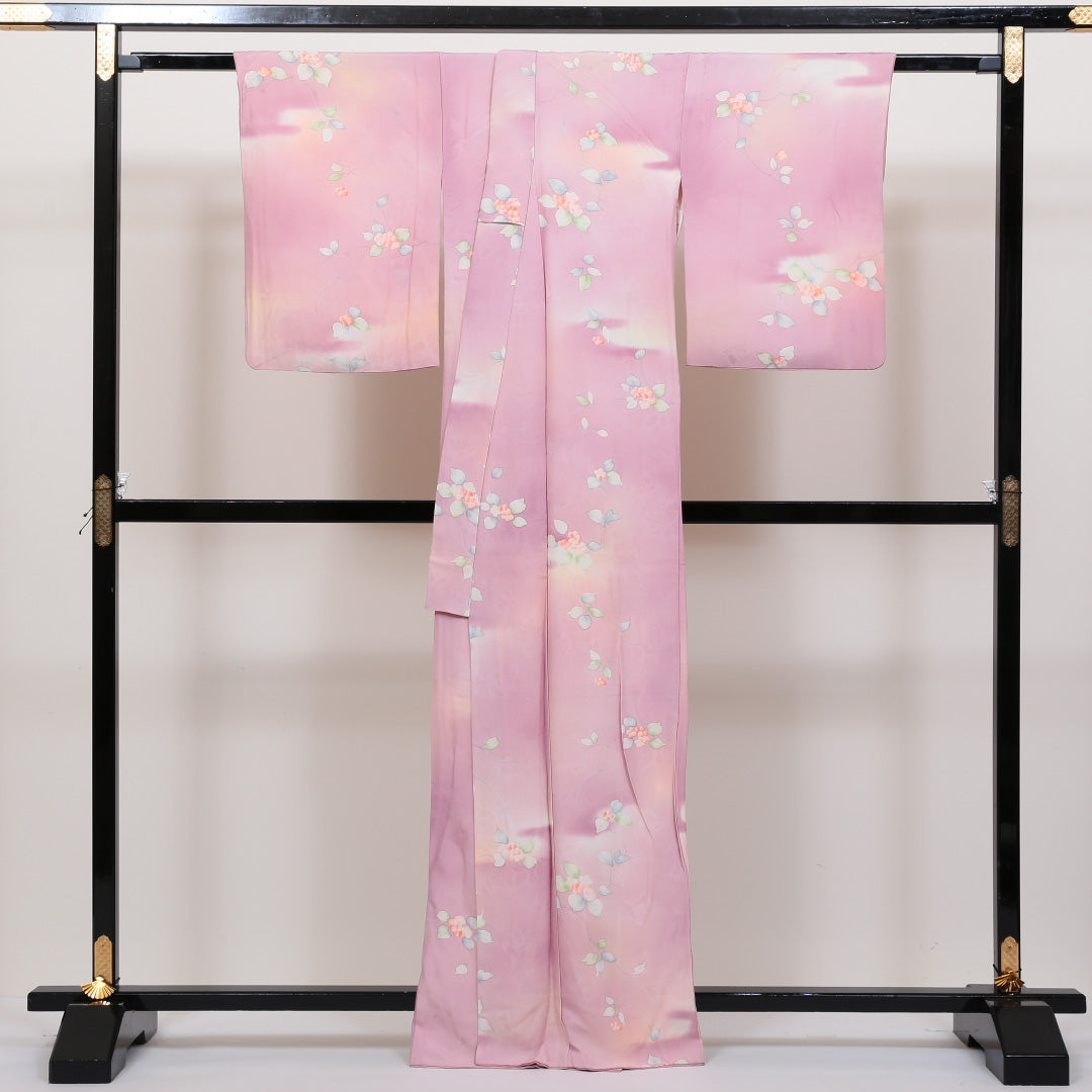 小紋 袷 身丈164cm 裄丈66cm 正絹 Sランク インフォーマル バチ衿 Lサイズ ぼかし 花柄 可憐 控え目 ピンク系 HP 1221-00402