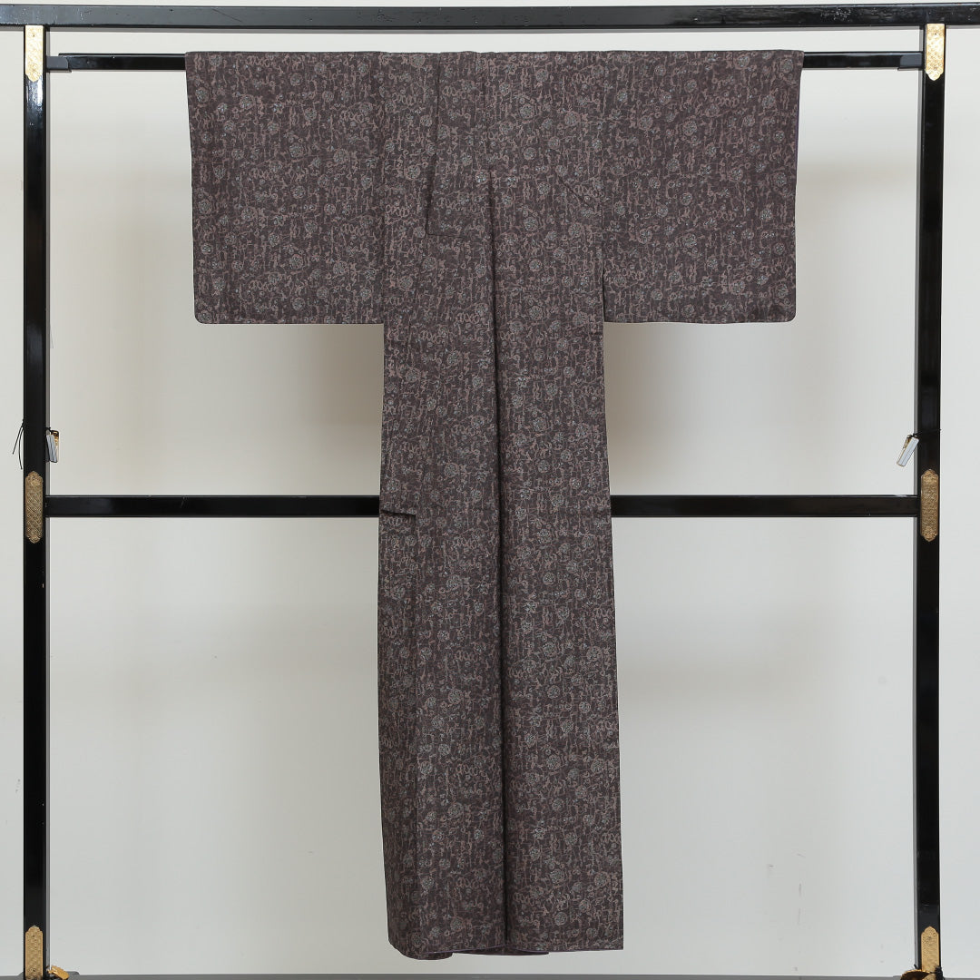 小紋 袷 身丈145cm 裄丈62cm 正絹 Sランク インフォーマル バチ衿 XSサイズ 唐草華文 茶系 RP 1221-00900