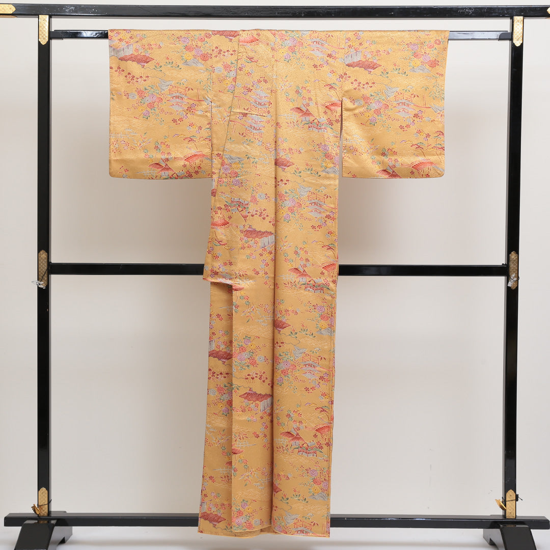 洗える着物 小紋 袷 身丈155cm 裄丈61cm ポリエステル Sランク インフォーマル 広衿 Mサイズ 茶屋辻 金系 RP 1221-00590