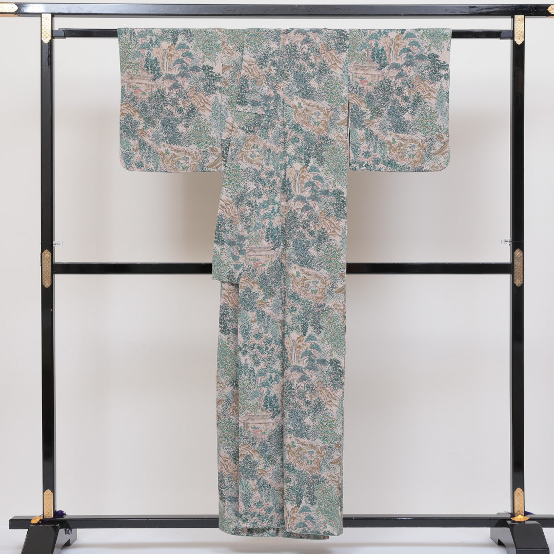 小紋 袷 身丈153cm 裄丈62cm 正絹 Sランク インフォーマル 広衿 Sサイズ 風景柄 緑系 RP 1221-00225