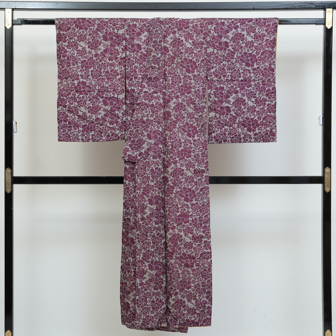 アンティーク 小紋 袷 身丈142cm 裄丈62cm 正絹 Aランク 広衿 XSサイズ 牡丹 紫系 RP 1221-00840