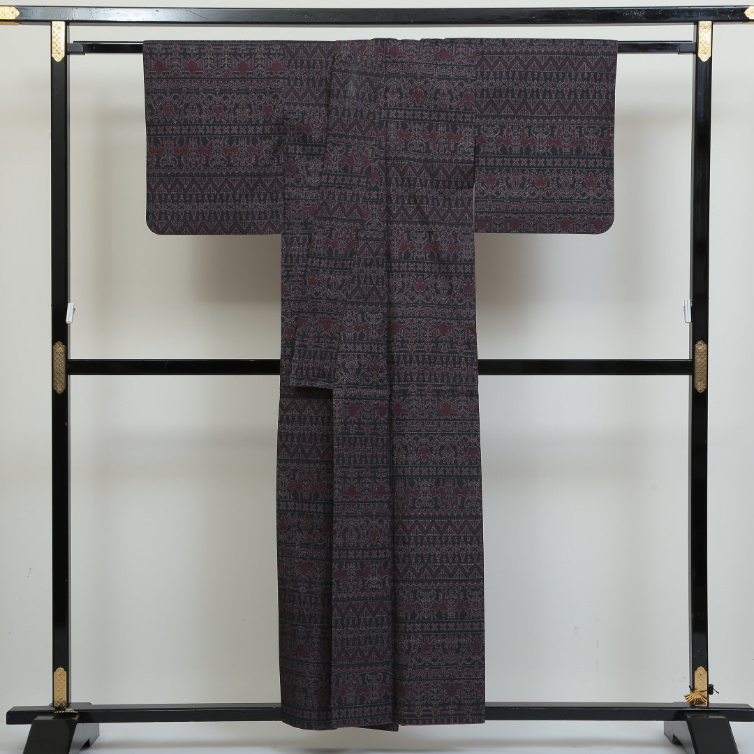 紬 袷 身丈158cm 裄丈63cm 正絹 Aランク カジュアル 広衿 Mサイズ 樹下双獣文 茶系 RP 1223-02713