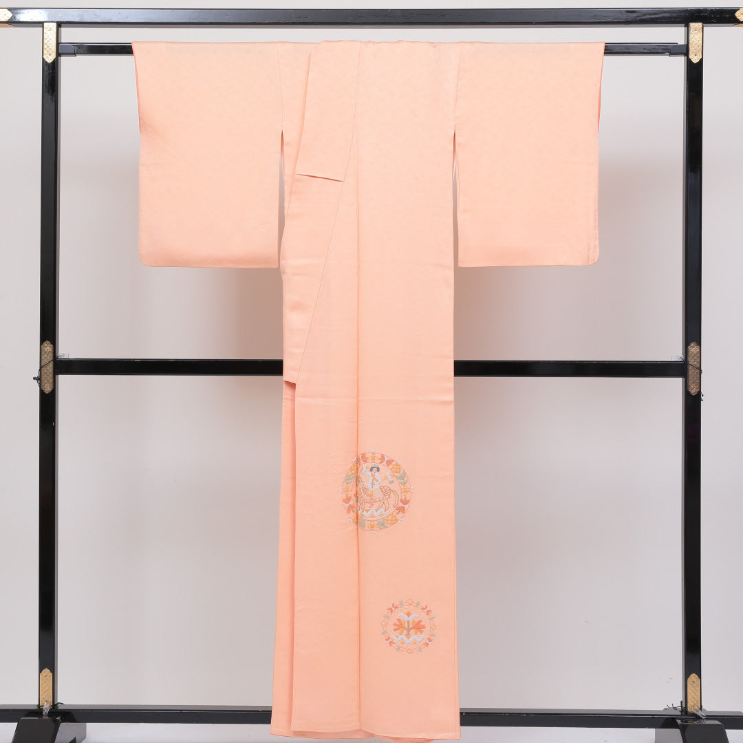 訪問着 袷 身丈157cm 裄丈65cm 正絹 Sランク セミフォーマル 広衿 Mサイズ 相良刺繍 騎馬人物 朱系 PO 1217-04086