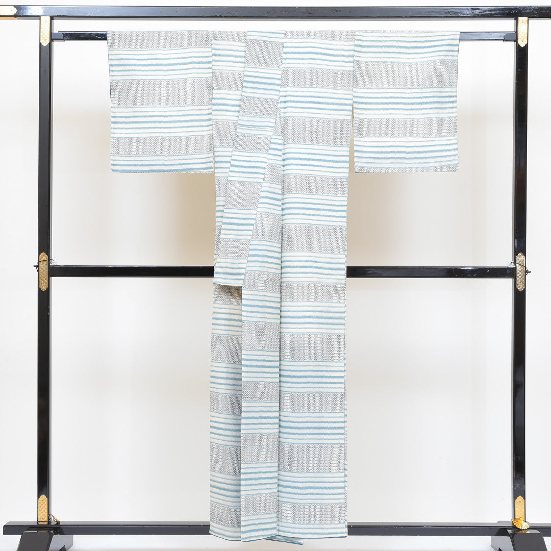 小紋 袷 身丈153cm 裄丈63cm 正絹 Sランク インフォーマル 広衿 Sサイズ 縞 亀甲 グレー系 RP 1221-00471
