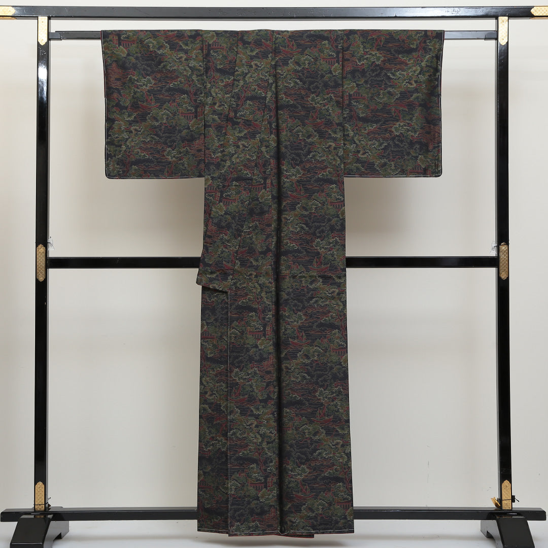 紬 袷 身丈156cm 裄丈64cm 正絹 Aランク カジュアル 広衿 Mサイズ しつけ糸 風景柄 植物柄 緑系 HP 1223-02651