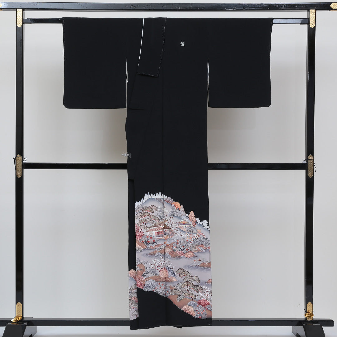 黒留袖 五つ紋 桐枝丸 身丈151cm 裄丈62cm Sランク 正絹 袷 広衿 S 作家物 落款 茶屋辻 加賀友禅 フォーマル 黒系 1211-F0141