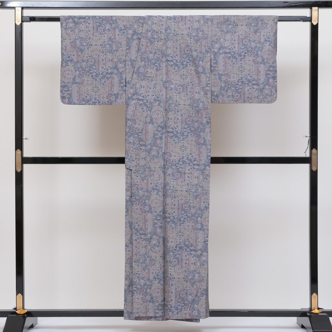 紬 袷 身丈153cm 裄丈65cm 正絹 Sランク カジュアル 広衿 Sサイズ 創作柄 グレー系 RP 1223-02545