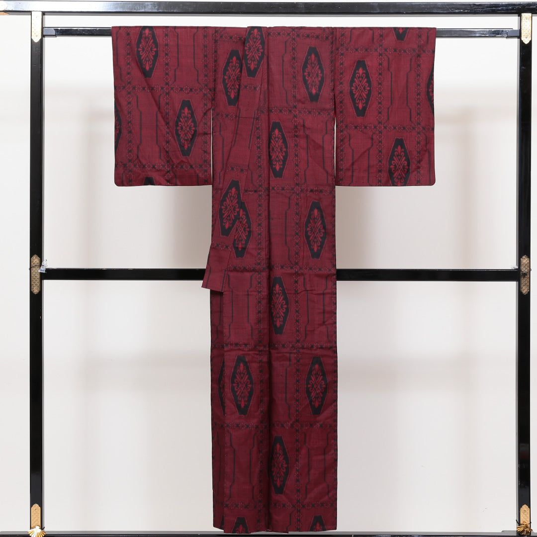 アンティーク着物 紬 袷 身丈150cm 裄丈~62cm 赤系 正絹 優品 花 1216321200107