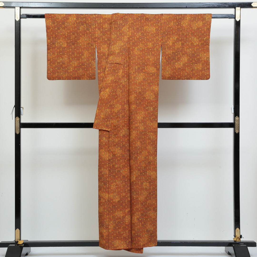 小紋 袷 身丈153cm 裄丈66cm 正絹 Sランク インフォーマル 広衿 Sサイズ 更紗 唐草華文 朱系 RP 1221-00797
