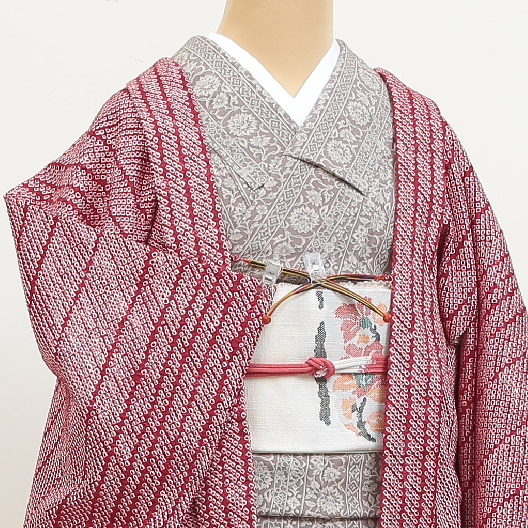 羽織 袷 身丈72cm 裄丈63cm 正絹 Aランク カジュアル Sサイズ 紐あり 縞 赤系 HP 1232-05471